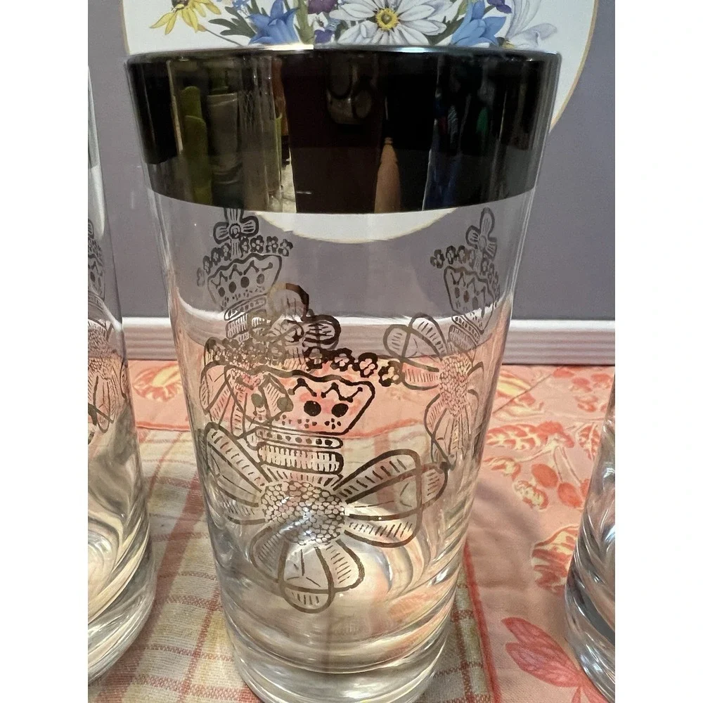 Vtg MCM Hollywood Regency Silver Trim Cross & Crown Bar Glasses Set of 4 Mad Men